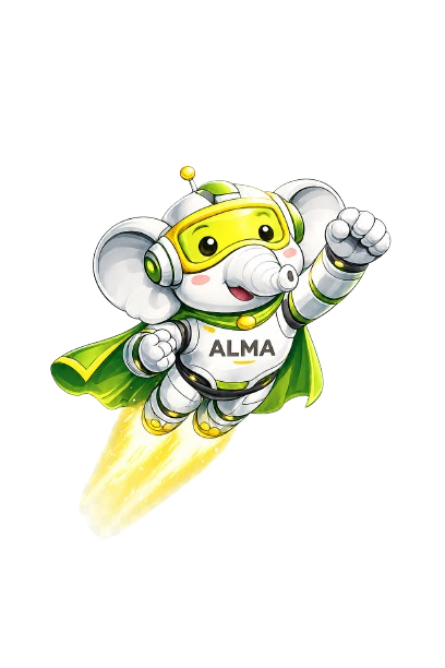 ALMA ERP mascot, a friendly elephant superhero flying with a jet trail