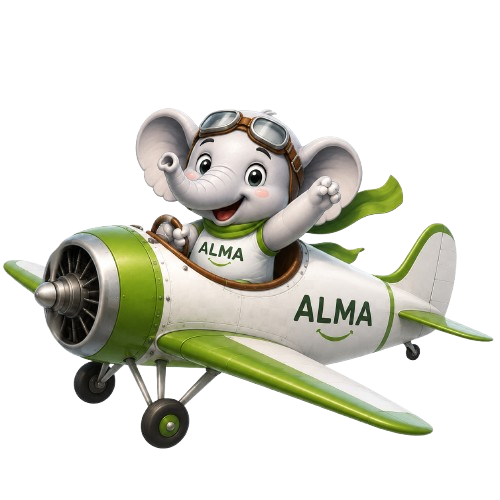 ALMA ERP mascot piloting a little plane, ready for the briefing