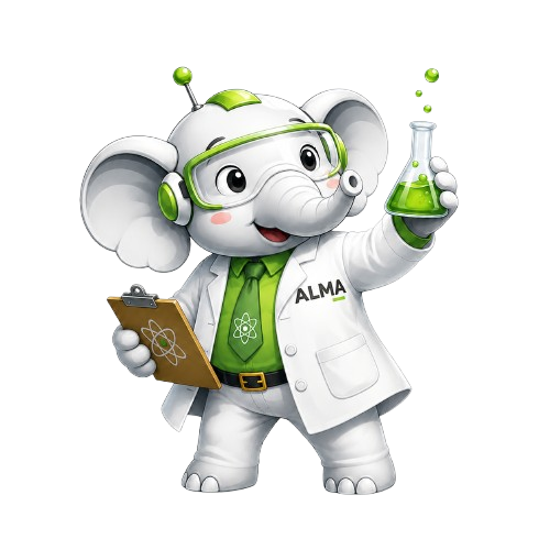 ALMA ERP mascot, an elephant scientist reviewing impact statistics
