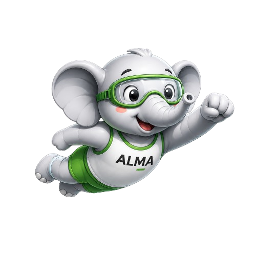 ALMA ERP mascot in an energetic action pose